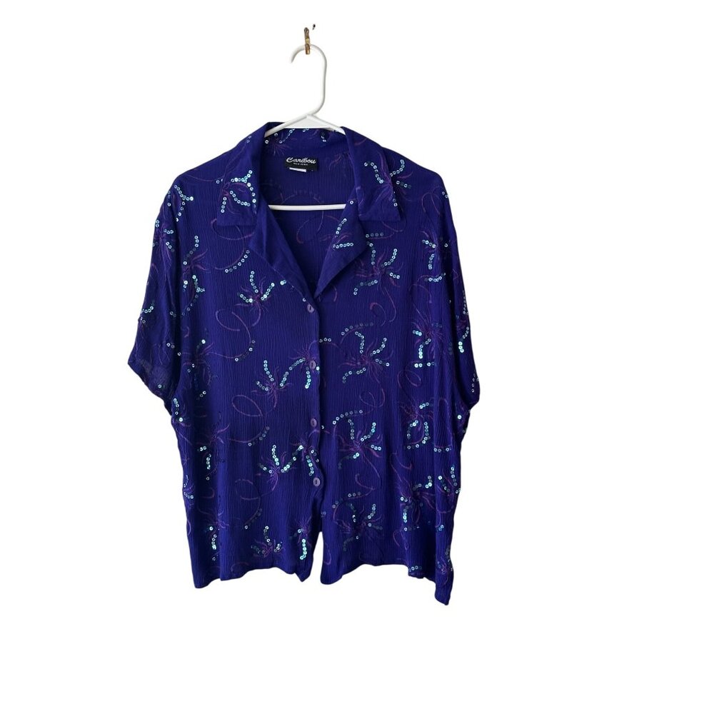 Womens Vintage Purple Sequin Embellished Button-Up Blouse Short Sleeve 2X